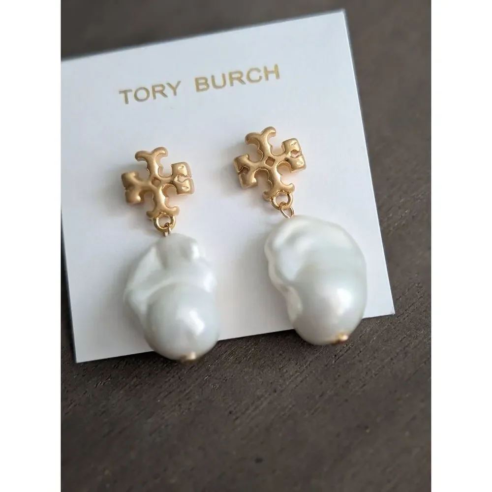 TORY BURCH Gold Double T Logo Baroque Pearl Drop Earrings